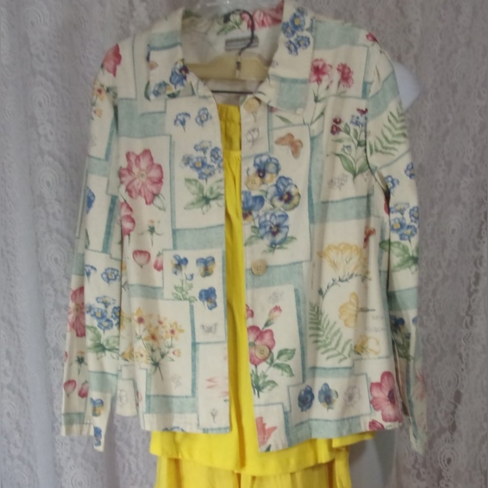 Coldwater Creek Cotton Jacket Natural with Floral Print Yellow Blue NWOT